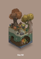 Rule 34 | absurdres, animal, bear, bone, boulder, brown background, cave, commentary request, diorama, gem, gozz, highres, holding, holding torch, isometric, original, plant roots, skull, torch, tree