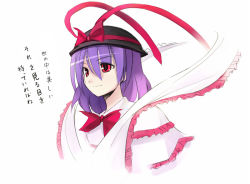 Rule 34 | 1girl, bow, bowtie, female focus, hat, hat bow, nagae iku, purple hair, red bow, red bowtie, red eyes, seo tatsuya, shawl, short hair, simple background, smile, solo, text focus, touhou, translated, white background