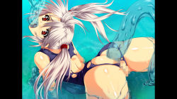 Rule 34 | 1girl, all the way through, anal, ass, censored, female focus, game cg, grey hair, oral, pussy, red eyes, slime, swimsuit, tamiya akito, tentacle sex, tentacles, torn clothes, twintails, water, wet, zanjibaru