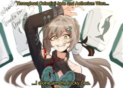 Rule 34 | 1girl, akashicelegy, bare shoulders, blood, blood on clothes, blood on face, brown hair, clothing cutout, crazy smile, dress, english text, green dress, green eyes, hair between eyes, hair ornament, hairclip, highres, honkai: star rail, honkai (series), jujutsu kaisen, long hair, long sleeves, looking at viewer, low twintails, mahjong, mahjong tile, qingque (honkai: star rail), shoulder cutout, smile, solo, twintails