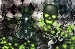 Rule 34 | 10s, bad id, bad pixiv id, black hair, black rock shooter, black thighhighs, bow, chain, checkered floor, dead master, dress, floor, gloves, glowing, glowing eyes, green eyes, high heels, horns, nayuurin, polearm, scythe, shoes, skull, solo, thighhighs, weapon, zettai ryouiki