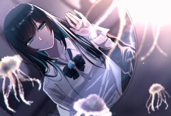 Rule 34 | 1girl, ado (utaite), black bow, black bowtie, black coat, black hair, blue eyes, blue flower, blue hair, blue rose, bow, bowtie, chando (ado), cloud nine inc, coat, collarbone, collared shirt, colored inner hair, commentary request, dress shirt, flower, flower brooch, hand on glass, hand up, highres, jellyfish, long sleeves, looking at viewer, multicolored hair, open clothes, open coat, rose, shirt, shoko (gs music11), single off shoulder, solo, two-tone hair, utaite, white shirt