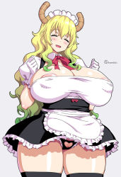 Rule 34 | 1girl, :d, ^ ^, alternate costume, apron, areola slip, artist name, black panties, black thighhighs, blonde hair, breasts, cleavage, cleft of venus, clenched hands, closed eyes, clothing cutout, cowboy shot, curvy, dragon horns, enmaided, gloves, green hair, hair between eyes, hands up, heart, heart cutout, horns, huge breasts, kobayashi-san chi no maidragon, large areolae, long hair, lucoa (maidragon), maid, maid apron, multicolored hair, onomeshin, open mouth, panties, pussy, pussy peek, skindentation, smile, solo, thick thighs, thighhighs, thighs, two-tone hair, underwear, very long hair, waist apron, white apron, white gloves, wide hips