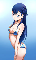 Rule 34 | 10s, 1girl, ass, blue background, blue eyes, blue hair, blush, breasts, c-wing, cleavage, collarbone, covered erect nipples, cowboy shot, from side, gradient background, hair bun, hair ornament, hand on lap, highres, hugtto! precure, long hair, medium breasts, parted lips, precure, sideboob, single hair bun, solo, standing, very long hair, yakushiji saaya