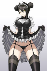 Rule 34 | 1girl, agent (girls&#039; frontline), apron, black hair, black panties, breasts, clothes lift, commentary, cowboy shot, double bun, dress, dress lift, english commentary, eyebrows, garter belt, garter straps, girls&#039; frontline, gloves, looking at viewer, maid, maid apron, maid headdress, panties, poorgom, puffy sleeves, sangvis ferri, scowl, thighhighs, underwear, yellow eyes