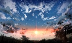 Rule 34 | absurdres, bird, blue sky, chinese commentary, cloud, commentary request, highres, no humans, original, outdoors, rune xiao, scenery, signature, simple bird, sky, star (sky), starry sky, sunset, tree