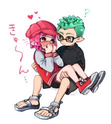 Rule 34 | 1boy, 1girl, bare legs, black shorts, black sweater, blush, carrying, embarrassed, feet, glasses, hat, heart, inkling player character, long sleeves, nintendo, pointy ears, princess carry, red eyes, red headwear, sandals, shoes, short hair, shorts, sitting, spiked hair, splatoon (series), sweater