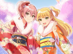 Rule 34 | 2girls, alternate costume, arm up, azuma kei, blonde hair, blue sky, brown eyes, cherry blossoms, cowboy shot, day, fangs, floral print, flower, fur scarf, furisode, hair between eyes, hair flower, hair ornament, hand on another&#039;s shoulder, happy new year, heads together, idolmaster, idolmaster cinderella girls, japanese clothes, jougasaki mika, jougasaki rika, kimono, leaning to the side, long hair, looking at viewer, multiple girls, new year, obi, one side up, open mouth, orange kimono, outdoors, pink hair, print kimono, red kimono, sash, short hair, siblings, sisters, sky, smile, standing, two side up, v, very long hair, yellow eyes