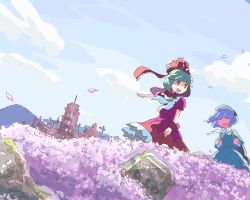 Rule 34 | 2girls, arm ribbon, backpack, bag, blue dress, blue hair, blue sky, bow, cloud, commentary request, dress, field, flower, flower field, frills, front ponytail, green eyes, green hair, green hat, hair bow, hair ribbon, hat, kagiyama hina, kanno fumiroku, kawashiro nitori, key, long sleeves, multiple girls, no eyes, no nose, one-hour drawing challenge, open mouth, outstretched arm, pink flower, puffy short sleeves, puffy sleeves, red dress, red ribbon, ribbon, short sleeves, sky, tombstone, touhou