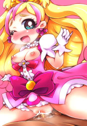 Rule 34 | 1girl, ;o, aqua eyes, bar censor, blonde hair, blush, bow, breasts, breasts out, censored, cure flora, deep penetration, earrings, eyebrows, gloves, go! princess precure, happy sex, haruno haruka, hetero, jewelry, long hair, multicolored hair, nekoyuu, nipples, no nose, one eye closed, penis, pink background, pink bow, pink hair, precure, puffy short sleeves, puffy sleeves, pussy, sex, short sleeves, smile, solo focus, spread legs, streaked hair, thick eyebrows, two-tone hair, vaginal, waist bow, wince