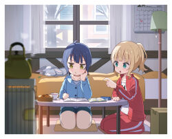 Rule 34 | 2girls, ahoge, animal, animal print, aqua eyes, bed, blanket, blonde hair, blue hair, blue jacket, blue shirt, blue shorts, blunt bangs, box, buttons, calendar (object), cardboard box, collarbone, commentary request, cup, curtains, cushion, day, elbow rest, flat chest, food, gochuumon wa usagi desu ka?, hand on own cheek, hand on own face, holding, holding pencil, indoors, jacket, jouga maya, kettle, kirima syaro, lamp, long sleeves, looking at another, lying, mechanical pencil, mohei, multiple girls, notebook, on bed, open clothes, open jacket, open mouth, pants, partial commentary, pencil, pencil case, pillow, pointing, ponytail, print shirt, puckered lips, rabbit, rabbit print, red jacket, red pants, red track suit, saucer, scar, seiza, senbei, shirt, short hair, shorts, sidelocks, single stripe, sitting, snow, socks, steam, table, teacup, track jacket, track pants, track suit, white shirt, white socks, wild geese, window, yellow eyes