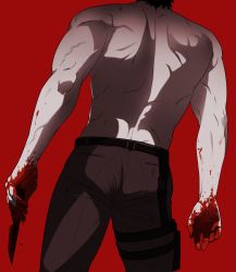 Rule 34 | 1boy, ass, back, back focus, balnom, bara, blood, blood on hands, brown pants, feet out of frame, from behind, head out of frame, highres, holding, holding knife, knife, male focus, muscular, muscular male, original, pants, red background, short hair, simple background, solo, thighs, topless male, veins