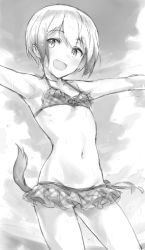Rule 34 | 1girl, absurdres, armpits, bikini, blush, breasts, dog tail, erica hartmann, fankupl, greyscale, highres, looking at viewer, monochrome, navel, ocean, open mouth, outdoors, outstretched arms, short hair, sky, small breasts, smile, solo, spread arms, strike witches, swimsuit, tail, world witches series