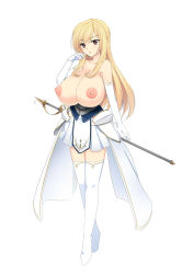 Rule 34 | 1girl, blonde hair, blush, boots, breast expansion, breasts, brown eyes, elbow gloves, female focus, gloves, highres, huge breasts, knight, long hair, looking at viewer, nehani (tworship), nipples, original, overskirt, pleated skirt, red eyes, simple background, skirt, solo, standing, sword, thigh boots, thighhighs, tworship, weapon, white background, white gloves, white thighhighs, zettai ryouiki