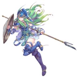 Rule 34 | 1girl, armor, belt, blue armor, blue eyes, blue thighhighs, boots, breastplate, detached sleeves, fire emblem, fire emblem: path of radiance, fire emblem heroes, full body, green hair, helmet, holding, holding weapon, knee boots, leg up, long hair, looking at viewer, nephenee, nintendo, official art, polearm, shield, skirt, solo, spear, thighhighs, transparent background, weapon
