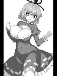 Rule 34 | 1girl, blush, breasts, cleavage, hat, juliet sleeves, large breasts, long sleeves, looking at viewer, ofuda, ofuda on clothes, onkn sxkn, open mouth, puffy sleeves, short hair, simple background, soga no tojiko, solo, tate eboshi, touhou