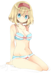 Rule 34 | 1girl, alice margatroid, blonde hair, blue bra, blue eyes, blue panties, blush, bow, bow bra, bow panties, bra, breasts, cleavage, hairband, looking at viewer, navel, oinari (tensaizoku), panties, short hair, simple background, sitting, solo, touhou, underwear, underwear only, white background