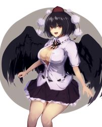 Rule 34 | 1girl, black skirt, black wings, breasts, cleavage, commentary, frilled skirt, frills, hair between eyes, hat, highres, large breasts, looking at viewer, open clothes, open mouth, open shirt, partially unbuttoned, pom pom (clothes), red eyes, shameimaru aya, shirt, short hair, short sleeves, simple background, skirt, solo, tokin hat, touhou, white shirt, wings, yonaga san