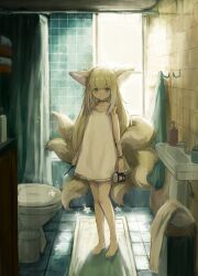 Rule 34 | 1girl, alternate costume, animal ears, arknights, barefoot, bathroom, blonde hair, closed mouth, collarbone, colored tips, commentary, cup, dress, fox ears, fox girl, fox tail, full body, green eyes, gumiaoandpeace, hair between eyes, highres, holding, holding cup, holding toothbrush, indoors, infection monitor (arknights), kitsune, kyuubi, long hair, looking at viewer, material growth, multicolored hair, multiple tails, oripathy lesion (arknights), romaji commentary, short dress, solo, standing, sundress, suzuran (arknights), tail, toes, toothbrush, two-tone hair, white dress, white hair
