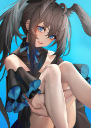Rule 34 | 1girl, :d, ahoge, ambience synesthesia, amiya (arknights), animal ear fluff, animal ears, arknights, bare legs, black dress, blue background, blue eyes, blue ribbon, blush, brown hair, detached collar, dress, feet out of frame, henz, highres, knees up, long hair, looking at viewer, neck ribbon, off-shoulder dress, off shoulder, official alternate costume, open mouth, ponytail, rabbit ears, ribbon, simple background, sitting, smile, solo, very long hair