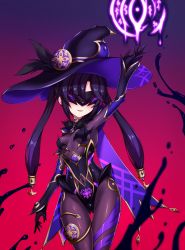 Rule 34 | 1girl, absurdres, blush, bodysuit, breasts, cape, corruption, dark persona, entenca, fatui, genshin impact, gloves, hair ornament, hat, highres, long hair, looking at viewer, mask, medium breasts, mona (genshin impact), purple hair, shiny clothes, smile, solo, thighlet, twintails, very long hair