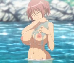 Rule 34 | 1girl, breasts, brown hair, closed eyes, glasses, highres, huge breasts, isshoni h shiyo, natsukawa hina, navel, nipples, panties, pink panties, ponytail, river, smile, solo, stitched, third-party edit, topless, underwear, water, wet, wet clothes, wet panties