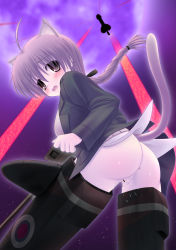 Rule 34 | 00s, 1girl, ahoge, animal ears, anus, ass, bottomless, braid, brown hair, cat ears, cat tail, censored, highres, laser, lynette bishop, murasaki, murasaki ookami, no panties, pussy, pussy juice, single braid, solo, strike witches, tail, world witches series