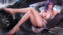 Rule 34 | 1girl, alternate hair color, azur lane, backless dress, backless outfit, bare shoulders, blush, bracelet, breasts, building, car, car interior, cityscape, cleavage, crossed legs, dress, earrings, evening gown, grey dress, hair between eyes, hair ornament, hairclip, halter dress, halterneck, high heels, jewelry, large breasts, legs, looking at viewer, motor vehicle, nail polish, necklace, night, night sky, outdoors, parted lips, pink eyes, plunging neckline, purple hair, purple nails, revealing clothes, side ponytail, sidelocks, silver dress, sitting, sky, skyscraper, st. louis (azur lane), st. louis (luxurious wheels) (azur lane), thighs, toenail polish, toenails, toes, turewindwalker, updo, vehicle