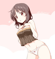 Rule 34 | 1girl, :o, a channel, bare shoulders, blush, bow, bow panties, breasts, brown hair, chomo (asymmate), cleavage, fur trim, heart, large breasts, long hair, looking at viewer, navel, nishi keiko, panties, red eyes, solo, underwear, white panties
