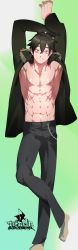Rule 34 | 1boy, 5000-chou yen hoshii channel!, 9ma param, abaraya seishirou, abs, absurdres, arms up, closed mouth, coat, dakimakura (medium), gradient background, highres, incredibly absurdres, indie virtual youtuber, looking at viewer, male focus, open clothes, open coat, smile, virtual youtuber