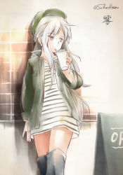 Rule 34 | 10s, 1girl, against wall, alternate costume, baseball cap, blue eyes, casual, collarbone, dress, drink, drinking, drinking straw, half updo, hat, hibiki (kancolle), hinoru saikusa, holding, jacket, kantai collection, long hair, looking away, looking to the side, open clothes, open jacket, sign, solo, standing, striped clothes, striped dress, twitter username, very long hair, white hair