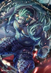 Rule 34 | 1boy, abs, ahamma, bara, bare pectorals, belt, black belt, blue pants, broken horn, camouflage, camouflage pants, chain, commentary request, curled horns, embers, feet out of frame, fingerless gloves, furry, furry male, gloves, grey fur, grin, horns, krampus (housamo), large pectorals, long sideburns, male focus, medium hair, multiple belts, muscular, muscular male, navel, nipples, pants, partial commentary, pectorals, scar, scar across eye, scar on arm, scar on chest, shirt, sideburns, smile, solo, sparkle, stomach, tail, thick eyebrows, thick thighs, thighs, tokyo houkago summoners, torn clothes, torn shirt, tusks, twitter username, white gloves