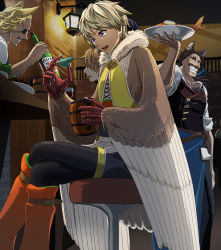 Rule 34 | 4boys, :d, absurdres, alcohol, animal ears, beer mug, blonde hair, boots, brown hair, cup, eyepatch, facial hair, feathered wings, fish, food, highres, indoors, knee boots, lantern, mimizuku suana, mug, multiple boys, mustache, open mouth, orange footwear, pixiv fantasia, pixiv fantasia mountain of heaven, purple eyes, sitting, smile, standing, stool, talons, tray, waiter, wings, wolf ears