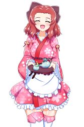Rule 34 | 1girl, ^ ^, alternate costume, apron, blush, bow, closed eyes, cowboy shot, cup, earlobe1514366, enmaided, closed eyes, facing viewer, frilled kimono, frills, girls und panzer, hair bow, highres, holding, holding tray, japanese clothes, kimono, maid, maid apron, medium hair, open mouth, pink kimono, purple bow, red hair, rosehip (girls und panzer), simple background, solo, teapot, thighhighs, tray, wa maid, white background, white thighhighs, yunomi