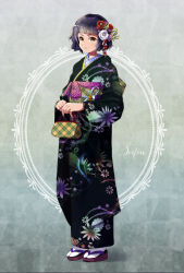 Rule 34 | 1girl, bad id, bad pixiv id, black kimono, bleach, blunt bangs, character name, character request, floral print, flower, full body, hair flower, hair ornament, holding, japanese clothes, kimono, long sleeves, print kimono, red flower, rose, short hair, solo, standing, sui-feng, umi (pixiv6861961), white flower, white legwear, white rose, yellow eyes