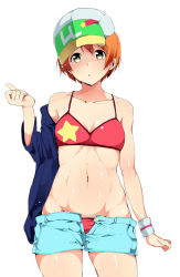 Rule 34 | 10s, 1girl, alp, bare shoulders, baseball cap, bikini, blush, breasts, chestnut mouth, collarbone, hat, hoshizora rin, jacket, looking at viewer, love live!, love live! school idol project, lowleg, lowleg bikini, natsuiro egao de 1 2 jump!, navel, open clothes, open fly, open mouth, open shirt, orange hair, shiny skin, shirt, short hair, shorts, simple background, small breasts, smile, solo, swimsuit, unzipped, white background, wristband, yellow eyes