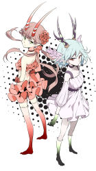 Rule 34 | 10s, 2girls, antlers, bare shoulders, blue hair, brown hair, c (control), choker, detached sleeves, dress, flower, frills, gloves, green eyes, hair flower, hair ornament, halftone, halftone background, hands on own hips, head wings, highres, horns, long hair, looking back, mashu, mashu (control), md5 mismatch, midriff, multiple girls, osamu (jagabata), pale skin, pointy ears, pout, q (control), red eyes, short hair, skirt, strapless, thighhighs, tube top, twintails, wings