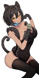 Rule 34 | 1girl, :q, animal ears, banknote, bell, black gloves, black leotard, black thighhighs, blue bow, blush, bow, breasts, cat ears, cat tail, cleavage, commission, covered navel, gloves, hair between eyes, hand up, highres, hijiki (deriku4), holding, holding money, inuyayo, invisible chair, jingle bell, large breasts, leotard, looking at viewer, money, neck bell, original, simple background, sitting, skeb commission, smile, solo, strapless, strapless leotard, tail, thighhighs, tongue, tongue out, white background, yellow eyes