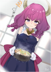 Rule 34 | 1girl, aura (sousou no frieren), bare shoulders, black dress, black sleeves, blurry, blurry background, blush, braid, breasts, clothes writing, commentary request, demon horns, depth of field, detached sleeves, dress, dutch angle, english text, horns, hotpot, long hair, long sleeves, medium breasts, oven mitts, parted lips, purple eyes, purple hair, signature, solo, sou (soutennkouchi), sousou no frieren, tears, translation request, trembling, wavy mouth