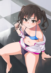 Rule 34 | 1girl, bikini, black hair, breasts, brown eyes, cleavage, closed mouth, collarbone, twirling hair, highres, idolmaster, idolmaster cinderella girls, jacket, long hair, looking at viewer, mole, mole under eye, navel, playing with own hair, sitting, small breasts, solo, spread legs, sunazuka akira, swimsuit, twintails, two-tone bikini, white jacket, yuuichi (reductionblack)