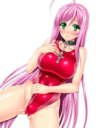 Rule 34 | 00s, 1girl, adjusting clothes, adjusting swimsuit, akashiya moka, bad id, bad pixiv id, collar, competition swimsuit, cross, green eyes, long hair, mature female, navel, one-piece swimsuit, pink hair, rosario+vampire, sen (sansui), skindentation, solo, spread legs, swimsuit, thigh gap