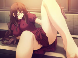 Rule 34 | 1girl, breasts, brown hair, dress, game cg, gloves, innocent grey, kara no shoujo, large breasts, legs, long hair, looking at viewer, lying, monocle, natsume-san, open mouth, solo, spread legs, sugina miki, thighs