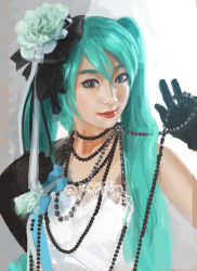 Rule 34 | 1girl, aqua hair, blue eyes, derivative work, doyora, dress, elbow gloves, eyebrows, eyelashes, flower, gloves, hair flower, hair ornament, hatsune miku, jewelry, lips, lipstick, makeup, necklace, nose, pearl necklace, realistic, solo, thick eyebrows, vocaloid, white dress