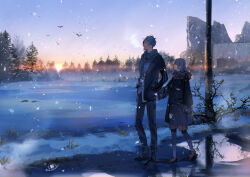 Rule 34 | 1boy, 1girl, bentouoic, blue hair, breath, commentary request, floyd leech, full body, grey hair, hands in pockets, highres, holding hands, night raven college uniform, outdoors, school uniform, short hair, snow, snowing, sunrise, twisted wonderland, wide shot, winter, yuu (twisted wonderland)