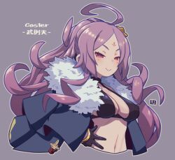 Rule 34 | 1girl, ahoge, bikini, black bikini, black cape, black gloves, breasts, cape, character name, cleavage, collarbone, facial mark, fate/grand order, fate (series), flower, forehead, forehead mark, fur-trimmed cape, fur trim, gloves, hair flower, hair ornament, half gloves, hand on own stomach, large breasts, long hair, looking at viewer, mawaru (mawaru), navel, parted bangs, purple background, purple eyes, purple hair, sidelocks, simple background, smile, stomach, swimsuit, upper body, very long hair, wu zetian (fate), wu zetian (swimsuit caster) (fate), wu zetian (swimsuit caster) (third ascension) (fate)