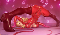 Rule 34 | 1girl, ass, blonde hair, blue eyes, bodysuit, boots, breast press, breasts, cameltoe, cleavage, cleavage cutout, clothing cutout, from behind, full-length zipper, gloves, high heel boots, high heels, large breasts, long hair, looking through own legs, nikichen, one eye closed, parted lips, partially unzipped, persona, persona 5, pink gloves, red bodysuit, red footwear, red thighhighs, solo, spread legs, swept bangs, takamaki anne, thigh boots, thighhighs, top-down bottom-up, twintails, zipper