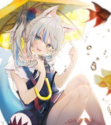 Rule 34 | 1girl, animal ears, bag, barefoot, blue hair, blush, cat ears, denim, denim dress, dice hair ornament, dress, fins, fish, fish tail, gawr gura, gawr gura (casual), grey hair, hair between eyes, hair ornament, highres, holding, holding own hair, hololive, hololive english, lemon print, long hair, multicolored hair, official alternate costume, open mouth, ponytail, ruohire9, shark tail, sharp teeth, shirt, side ponytail, simple background, tail, teeth, virtual youtuber, water drop, white background, white shirt