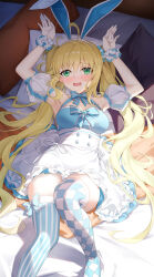 Rule 34 | 1girl, absurdres, ahoge, animal ears, argyle, armpits, arms up, artoria caster (fate), artoria caster (swimsuit) (fate), artoria caster (swimsuit) (second ascension) (fate), artoria pendragon (fate), bare shoulders, blonde hair, blue dress, blue thighhighs, blush, breasts, dress, fake animal ears, fate/grand order, fate (series), green eyes, hairband, highres, long hair, looking at viewer, lying, on back, open mouth, puffy short sleeves, puffy sleeves, rabbit ears, shenqi xiao hong zai nali, short sleeves, skirt, small breasts, solo, striped clothes, striped thighhighs, thighhighs, thighs, twintails, vertical-striped clothes, vertical-striped thighhighs, white skirt