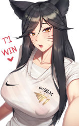 Rule 34 | 1girl, ahri (league of legends), animal ears, black hair, blush, breasts, collarbone, commentary, covered erect nipples, english commentary, eyelashes, facial mark, foreshortening, fox ears, hair between eyes, head tilt, heart, highres, jersey, large breasts, league of legends, lips, long hair, looking at viewer, milfxxxiii, mole, mole under eye, nike (company), open mouth, orange eyes, parted bangs, puffy nipples, reaching, reaching towards viewer, selfie, shirt, short sleeves, simple background, t1 (esports), slit pupils, solo, straight hair, tight clothes, tight shirt, tongue, tsurime, upper body, whisker markings, white background, white shirt