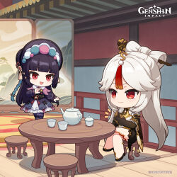 Rule 34 | 2girls, absurdres, black footwear, black gloves, black hair, boots, braid, chibi, clapping, closed mouth, commentary, copyright name, crossed legs, cup, dot nose, dress, elbow gloves, english commentary, genshin impact, gloves, grey hair, hair ornament, hat, highres, light smile, long hair, long sleeves, looking at another, multicolored hair, multiple girls, ningguang (genshin impact), official art, on stool, open mouth, red eyes, single braid, sitting, standing, stool, streaked hair, table, tassel, tassel hat ornament, thighs, very long hair, vision (genshin impact), yun jin (genshin impact)